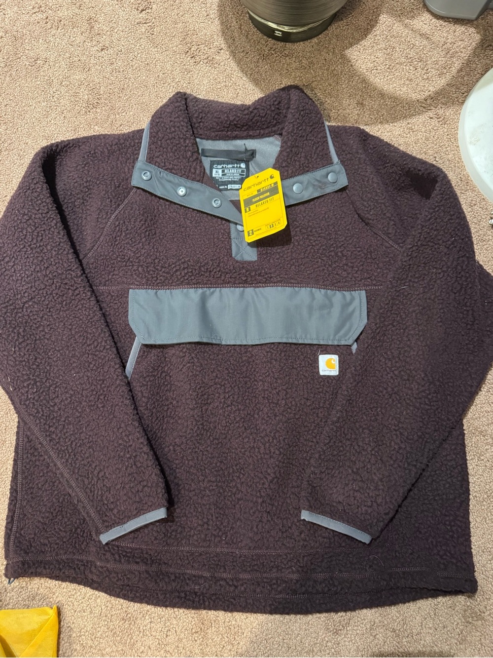 Carhartt Men’s Dark Brown Sherpa Pullover with Gray Trim